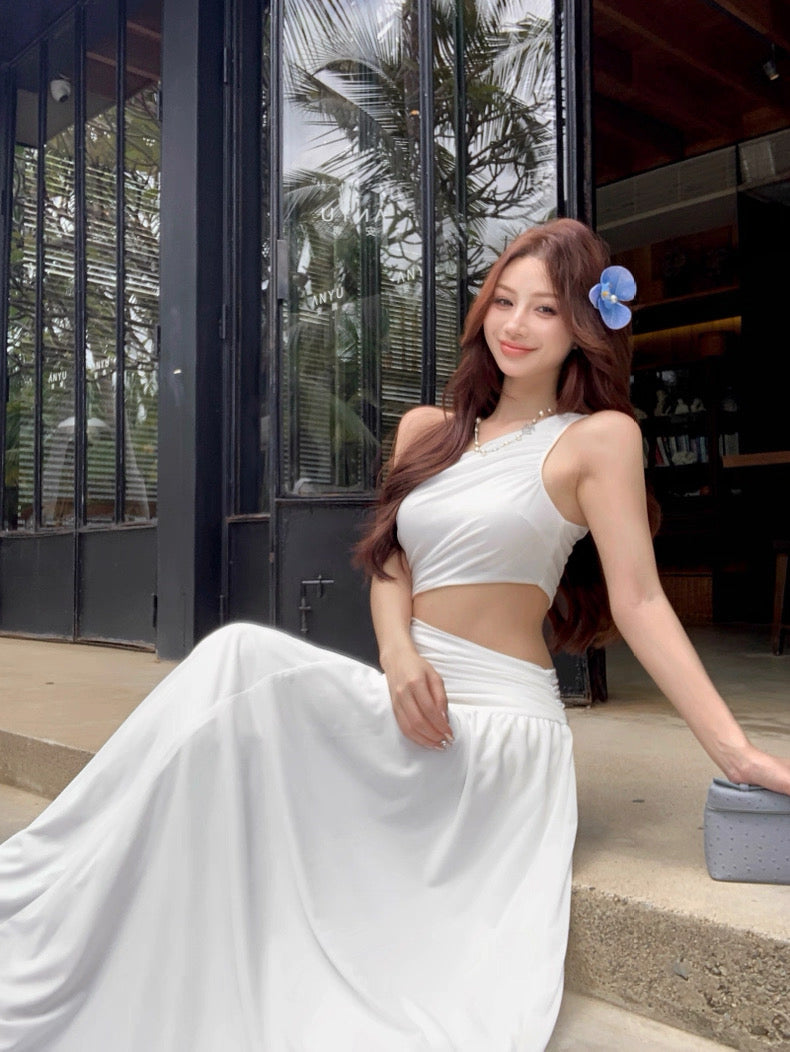 Side Waist Cut Long Dress (White, Red)