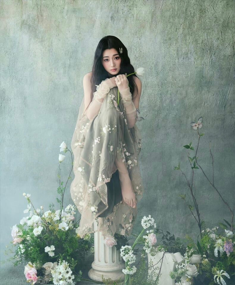 Mesh Flower Khaki Long Dress