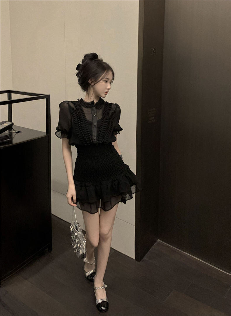 Mesh Puff Sleeve One Piece Dress