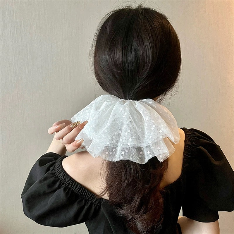 Korean Polka Dot Mesh Hair Tie Rubberband 2 in 1 Set