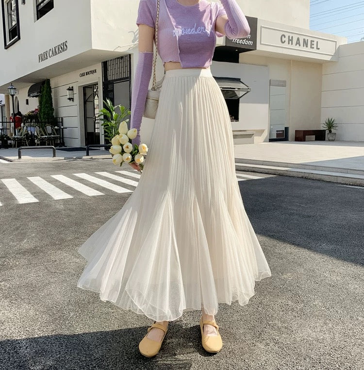 Beige Pleated Mesh Long Skirt (S)