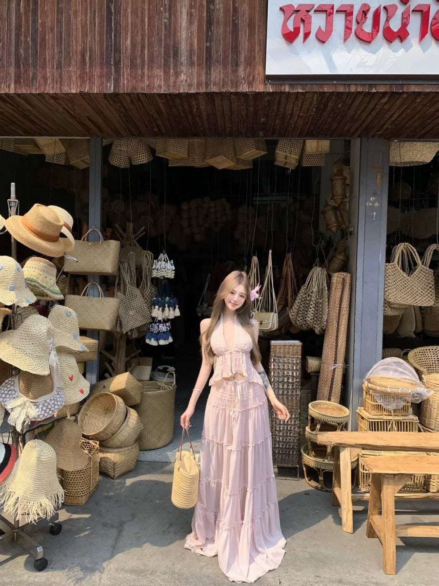 Pink Lace Top + Long Skirt Two Pieces Set