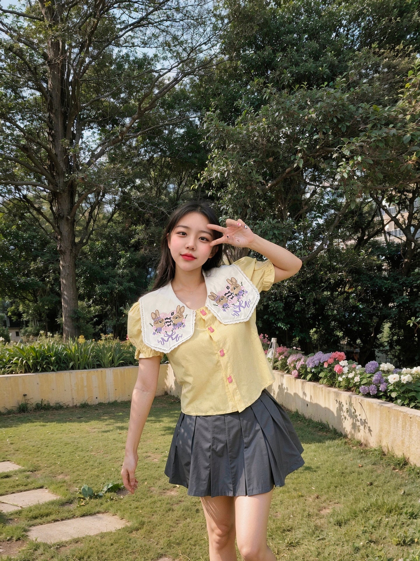 Dolly Bunnies Collar Puff Sleeve Top (White, Beige)