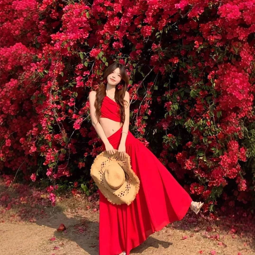 Red Side Waist Cut Long Dress (S)