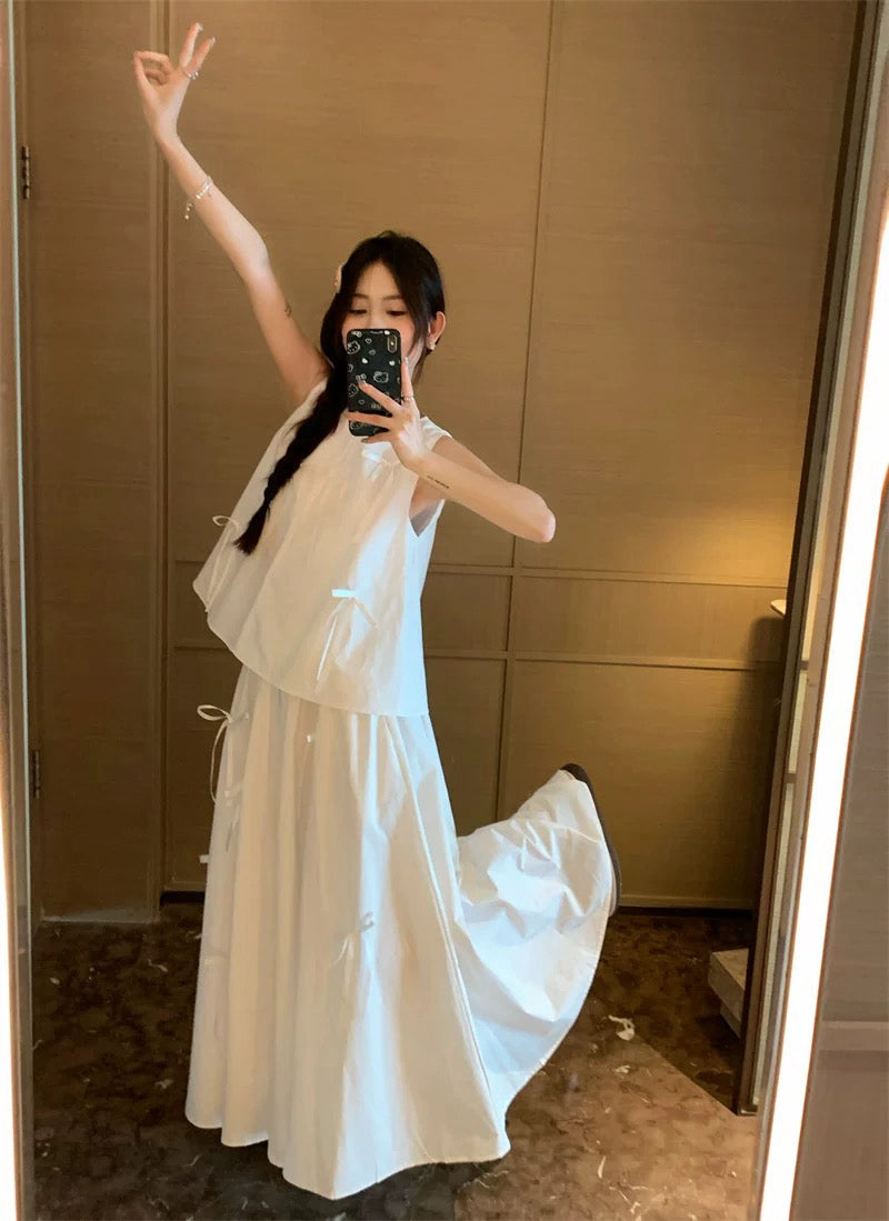 White Ribbons Sleeveless White Top + Skirt Two Piece Set