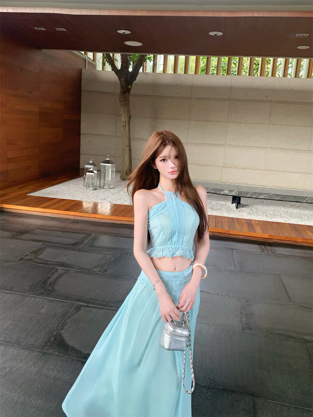 Embroidery Chiffon Two Piece Set (Blue, Beige)