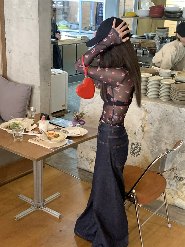 Pink Ribbons Thin Long Sleeve Mesh Crop Top Outerwear