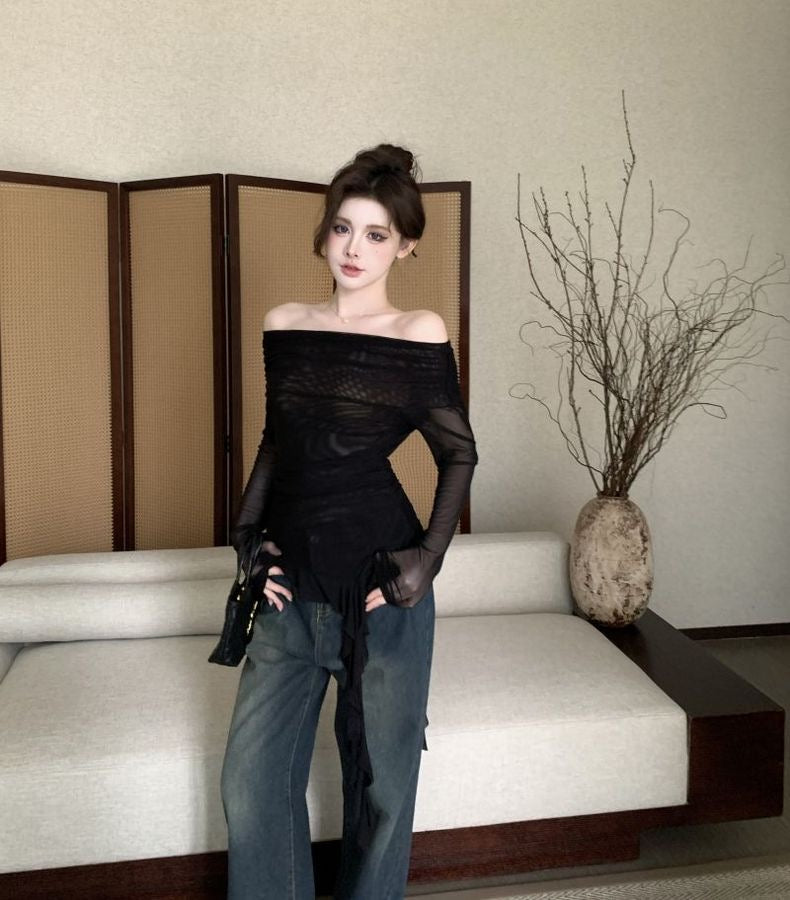 Off Shoulder Long Sleeve Brown Mesh Top