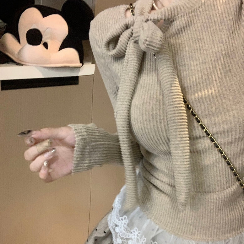 Tie Up Collar Grey Long Sleeve Top