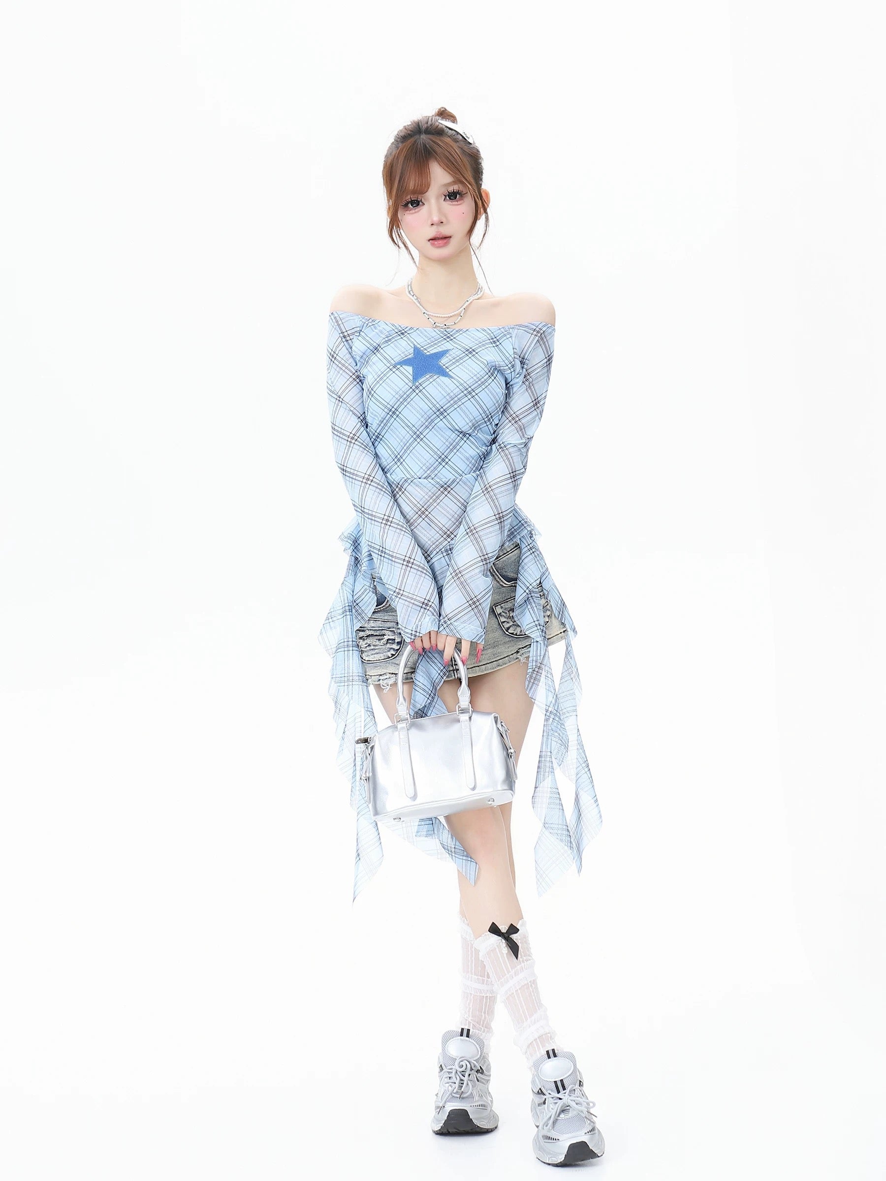 Grid Star Off Shoulder Long Sleeve Mesh Top