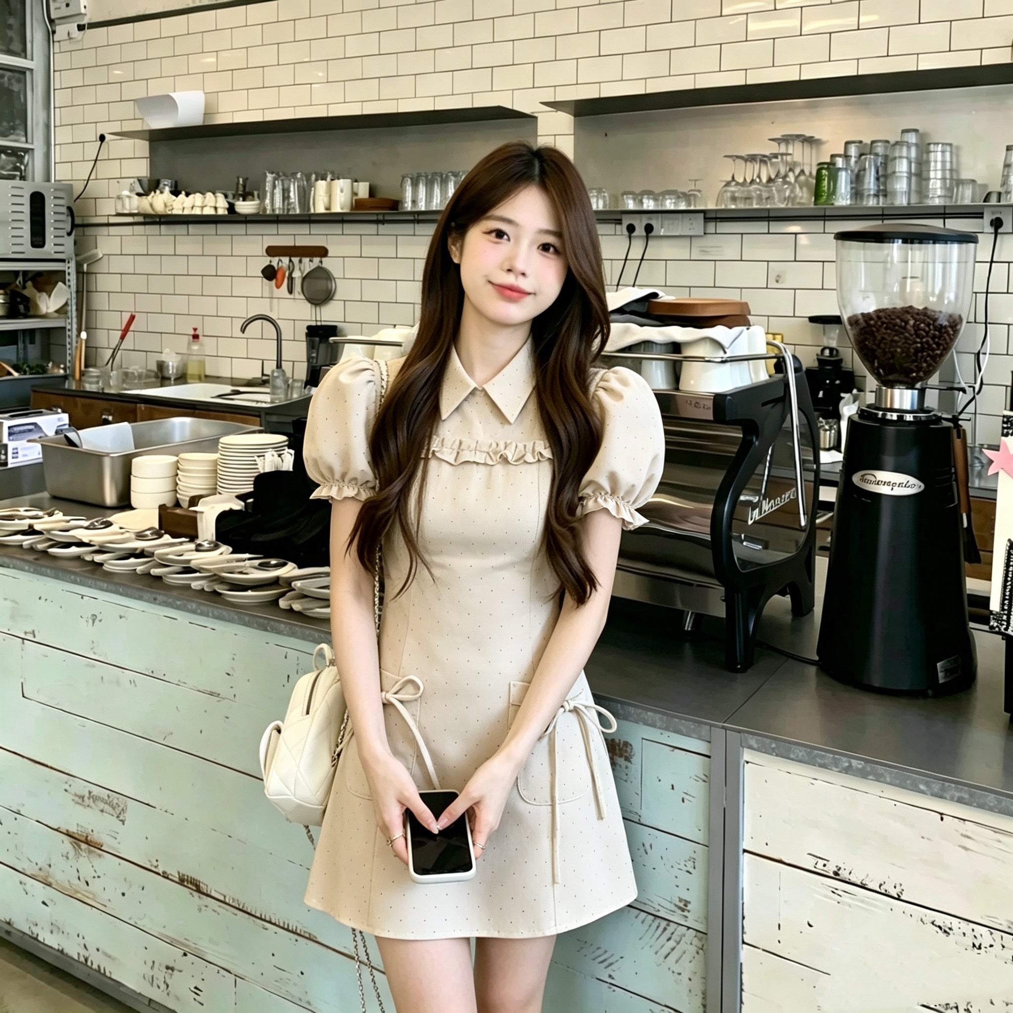 Khaki Puff Sleeve Mini Dot Dress