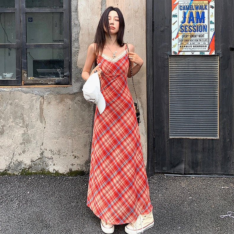 Red Grid Long Dress (XL)