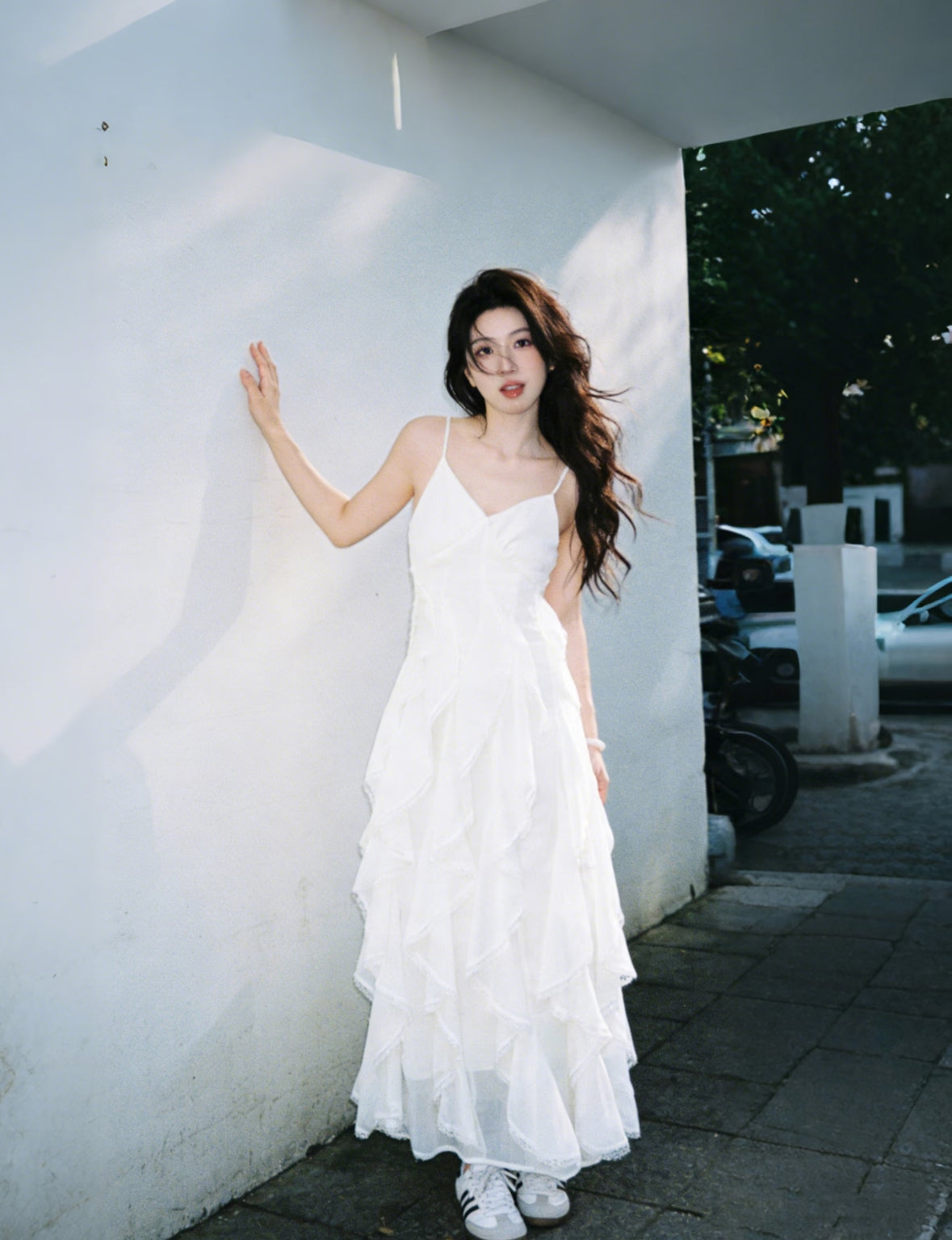 White Ruffles Bottom Strap Dress