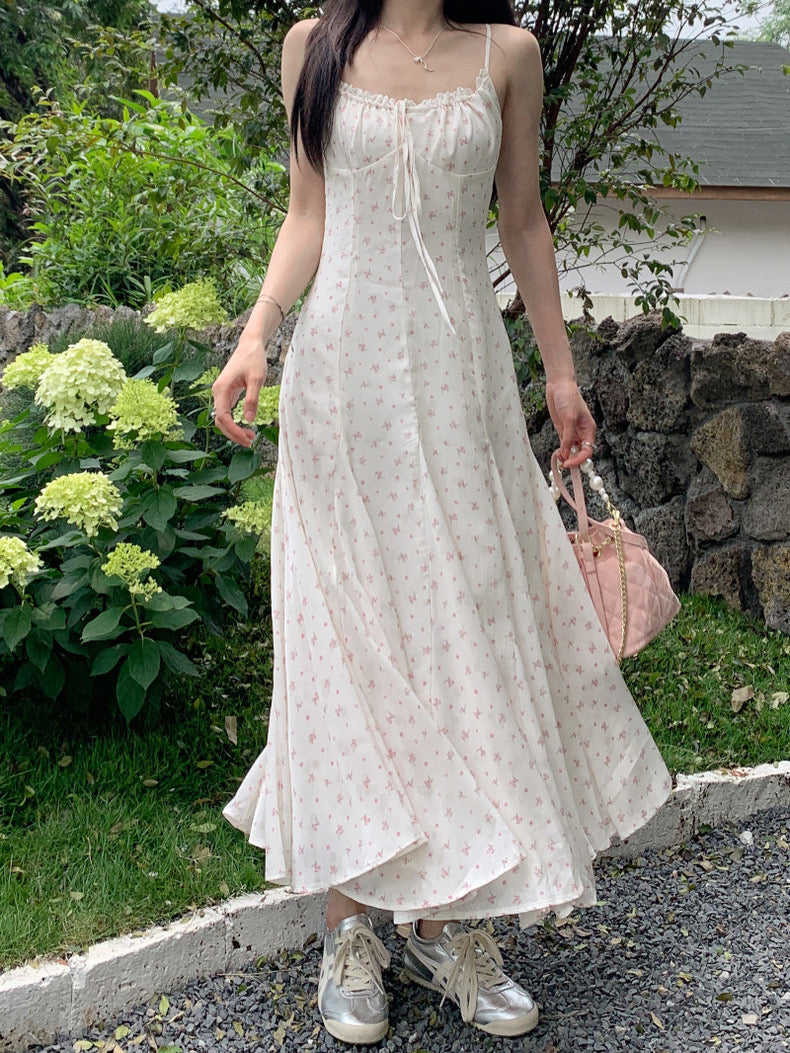 Pink Flower White Strap Long Dress (M)