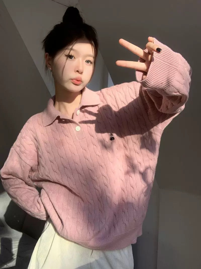 Collar Long Sleeve Cherry Knitted Top (Pink)