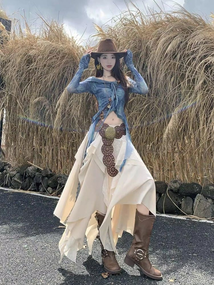 Creamy Unequal Mix Lace Long Skirt