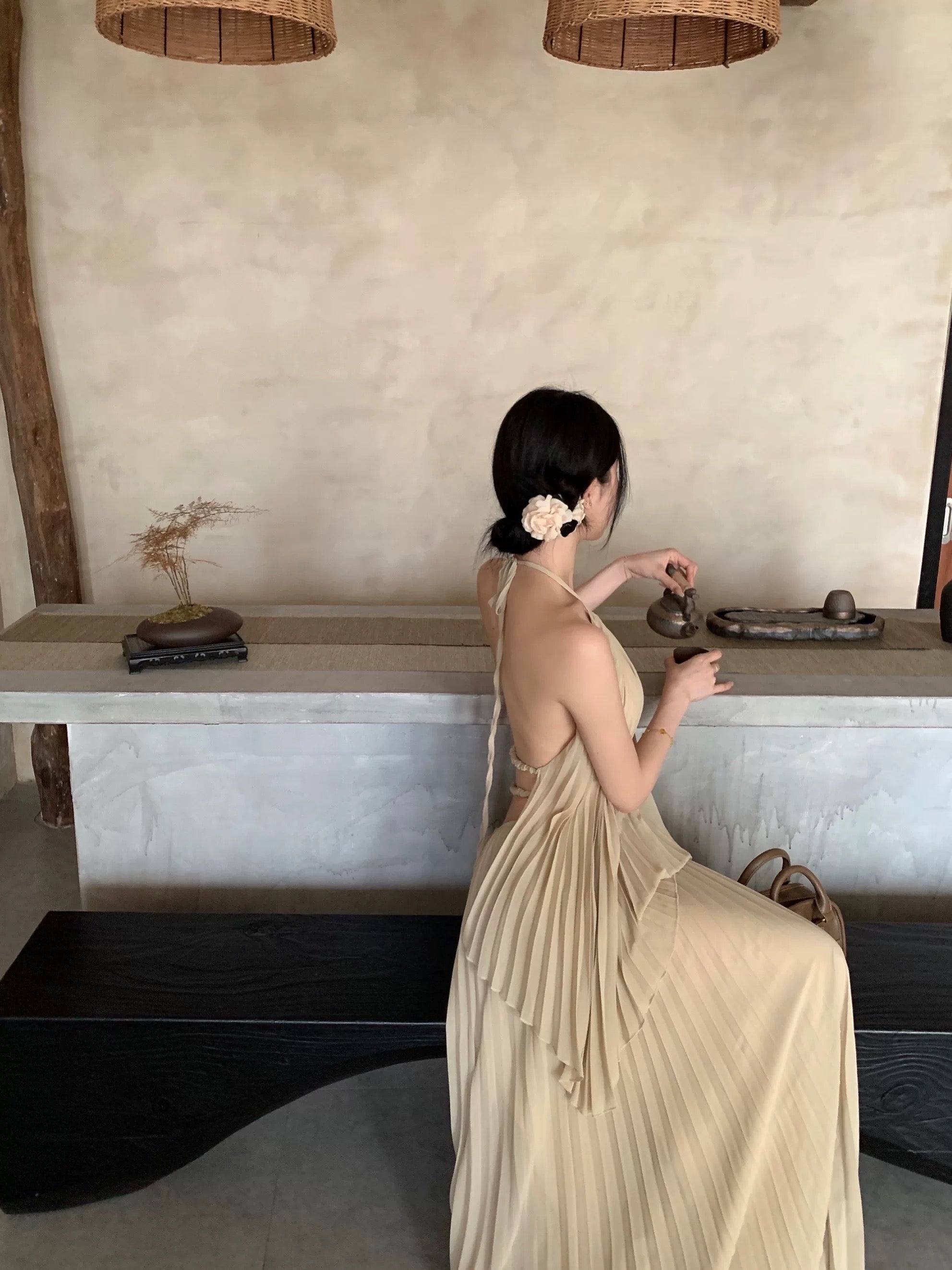 Khaki Chiffon Pleated Two Piece Set