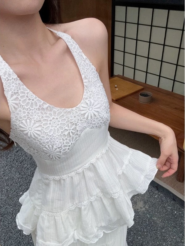 White Deep U collar Round Neck Top