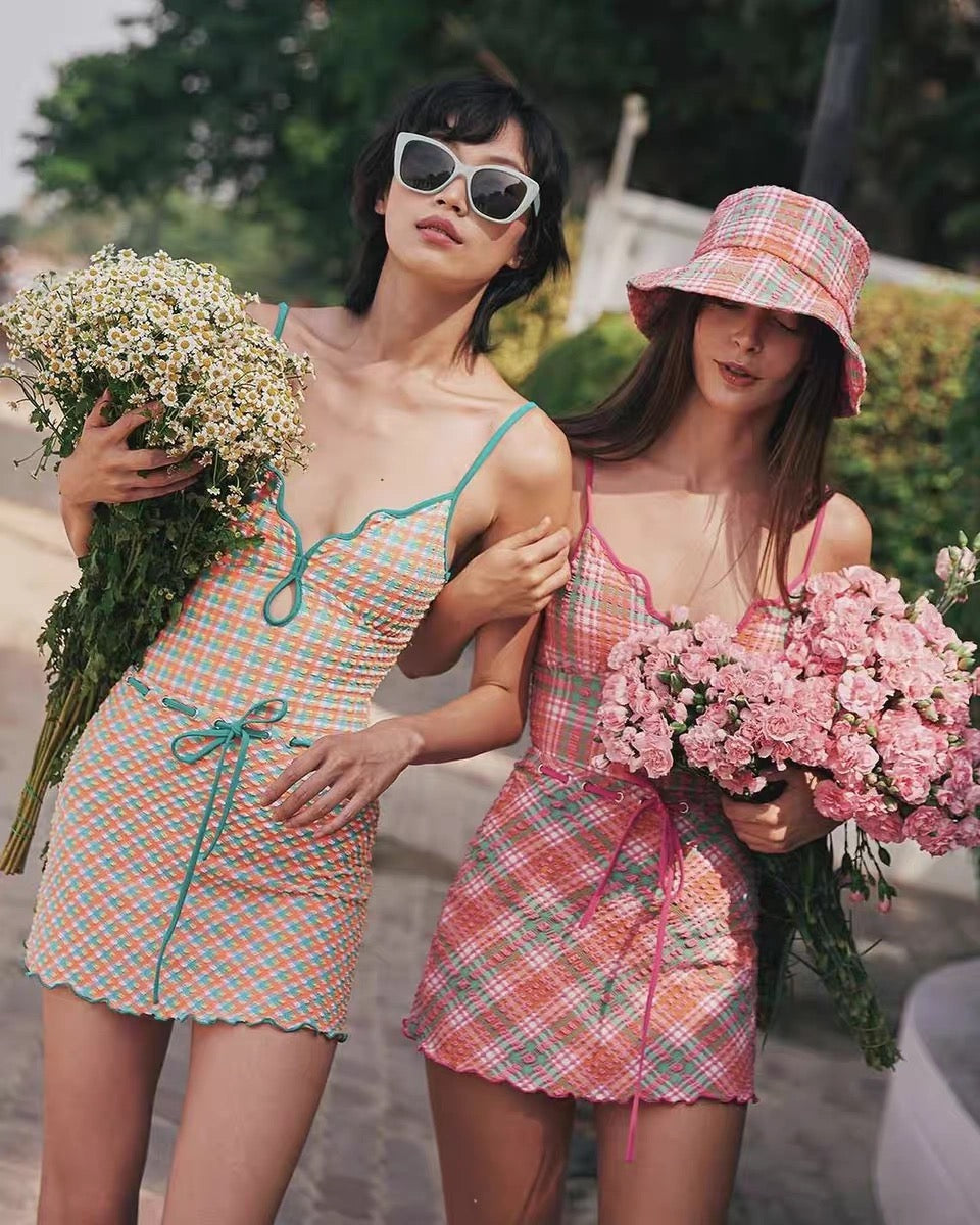 Two Toned Ginham Swimsuits + Skirt BK17 Two Piece Set