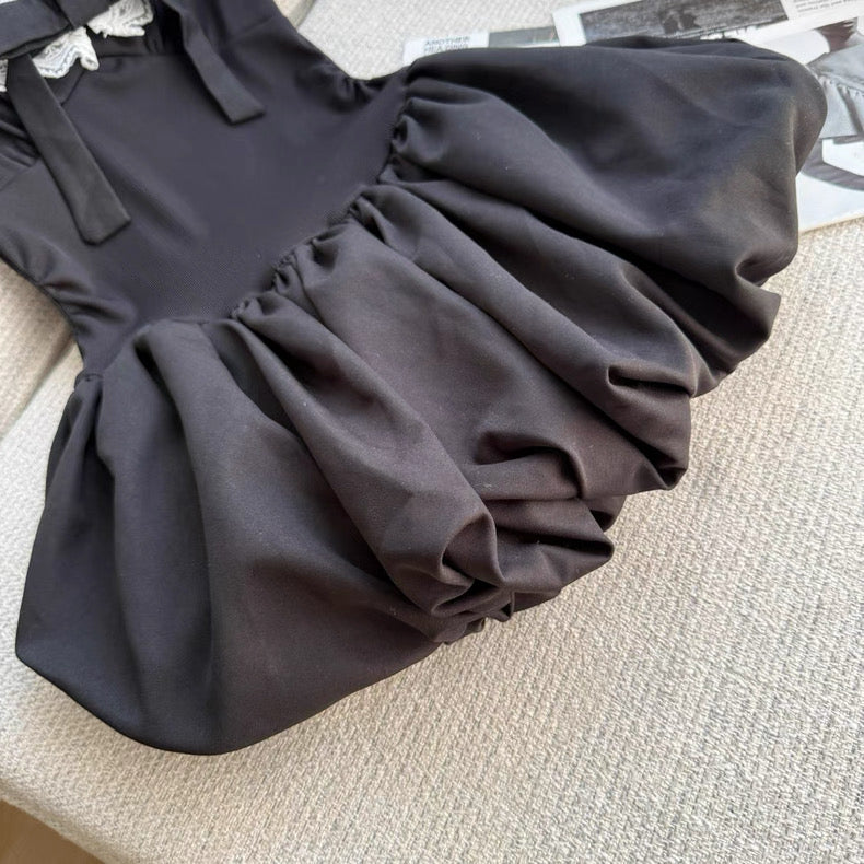 White Lace Collar Black Dress + Shorts Two Piece Set