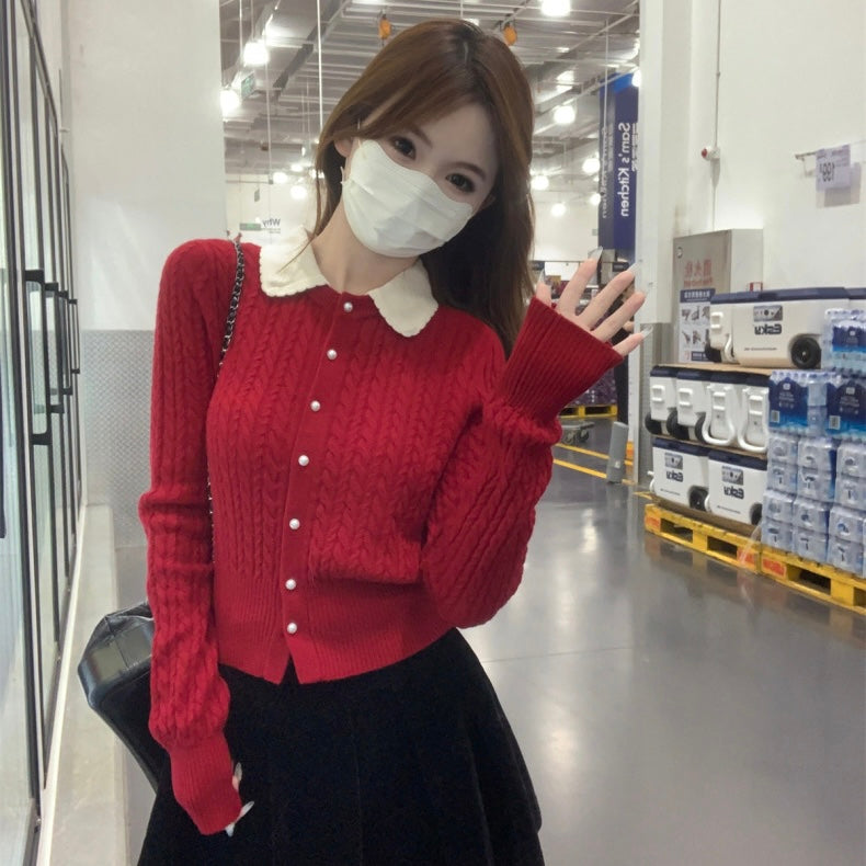 Beige Collar Knitted Long Sleeve Top