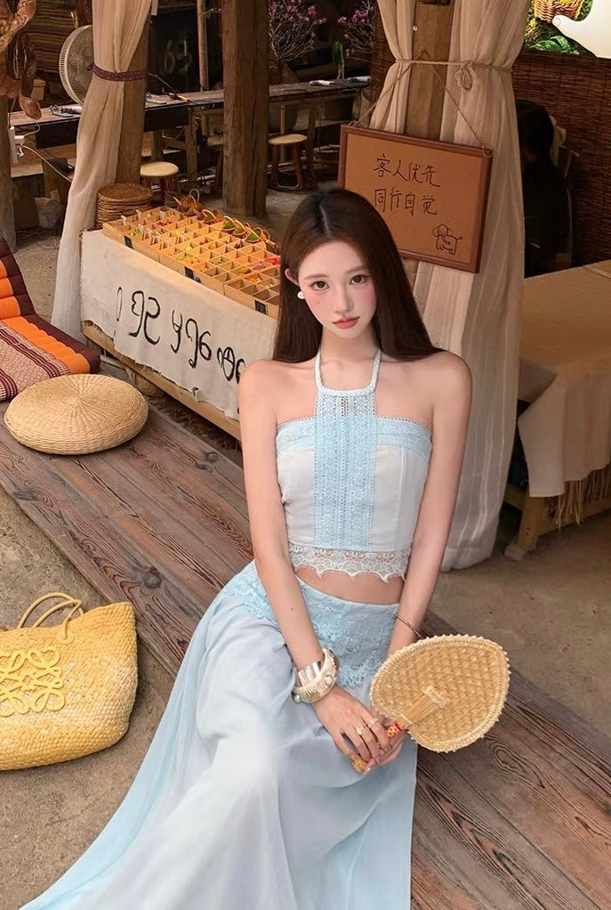 Embroidery Chiffon Two Piece Set (Blue, Beige)