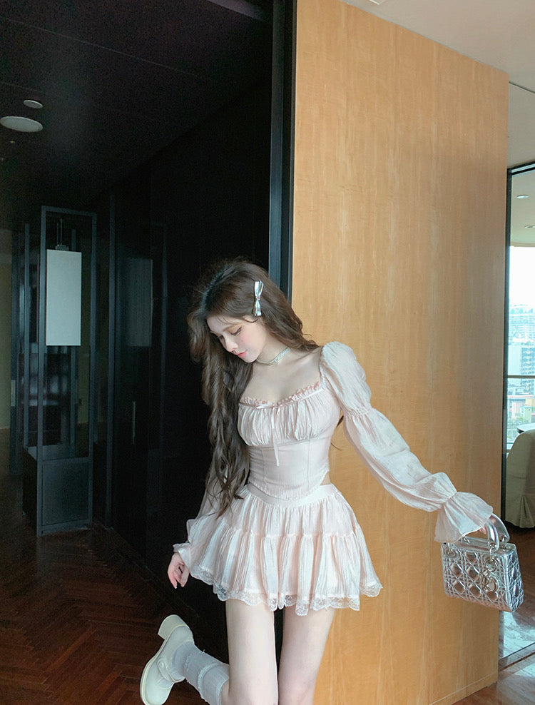 Pink Long Sleeve Top + Skirt Two Pieces Set