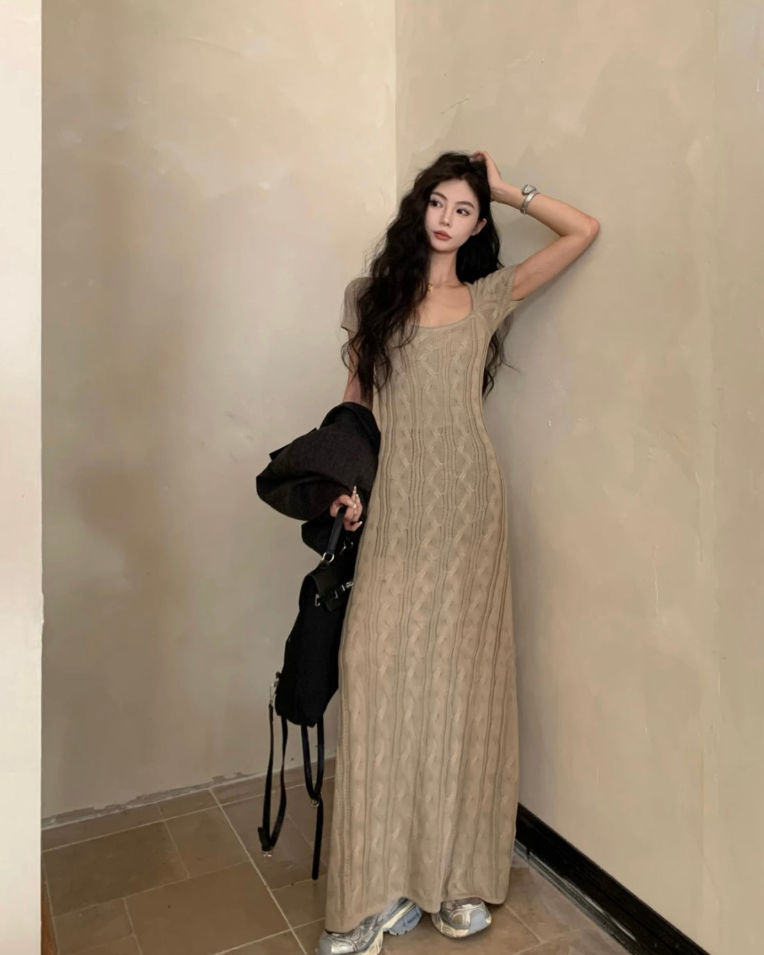 Brown Thick Knitted Maxi Long Dress