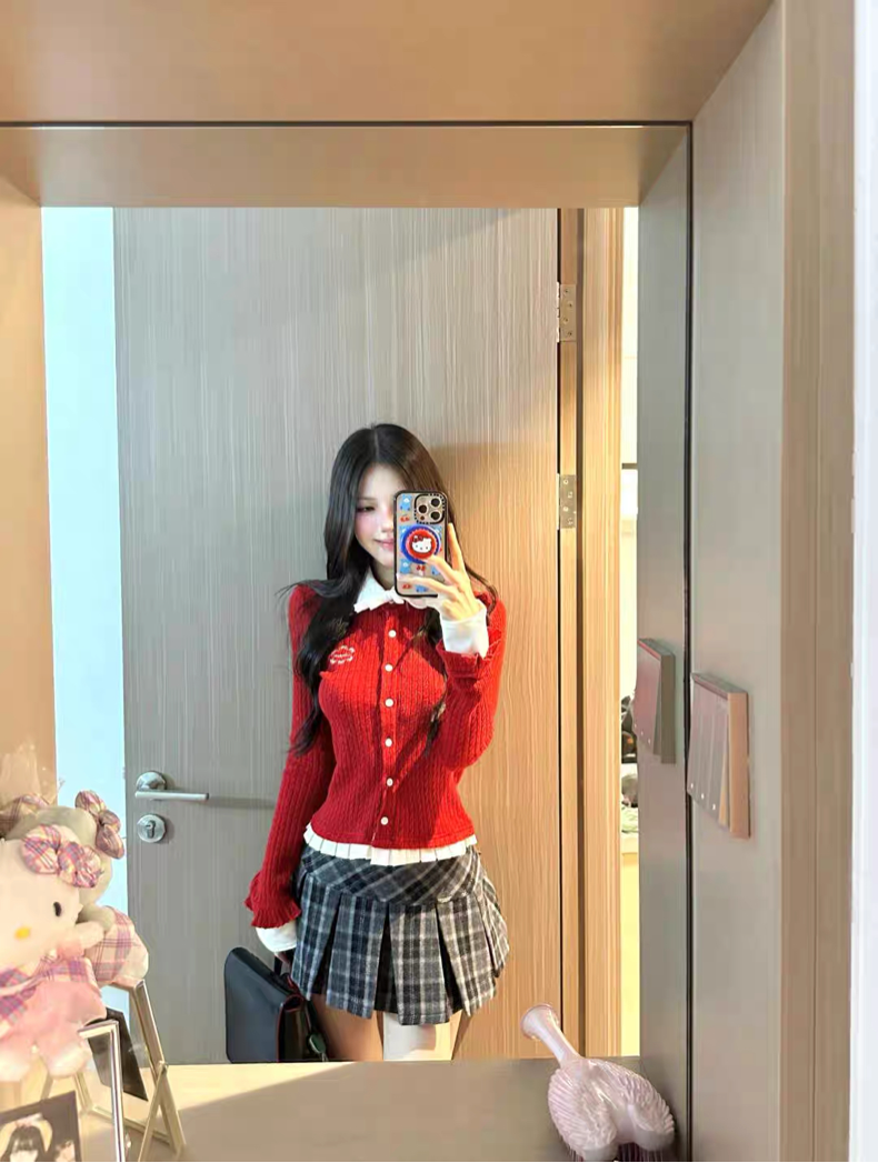Cute Collar Red Long Sleeve Knitted Top