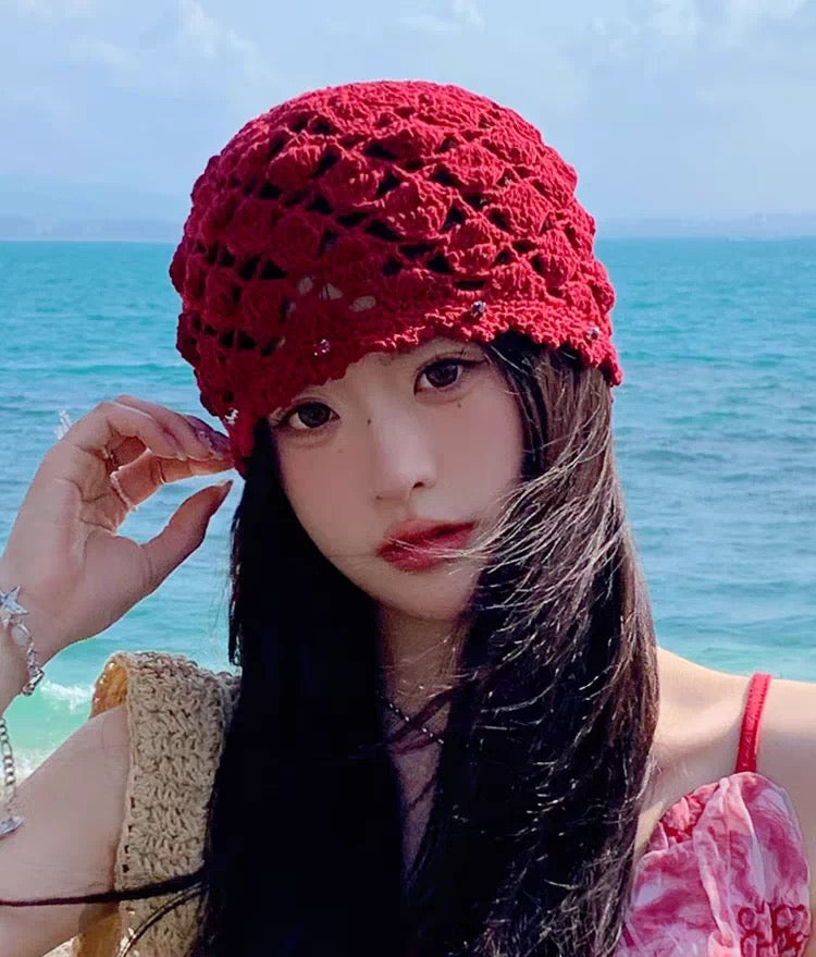 H35 Wine Red Knitted Embroidery Hat