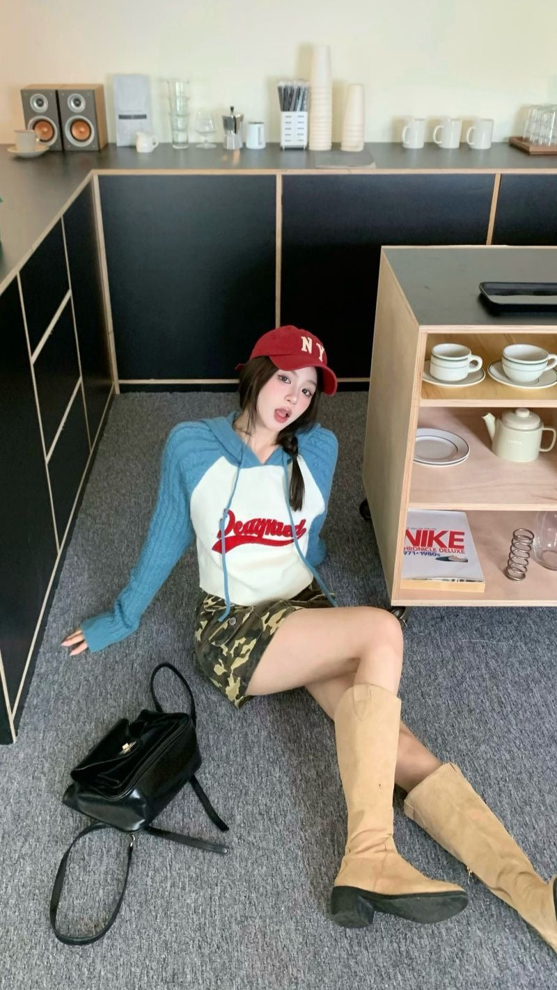 Blue Long Sleeve Knitted Crop Top