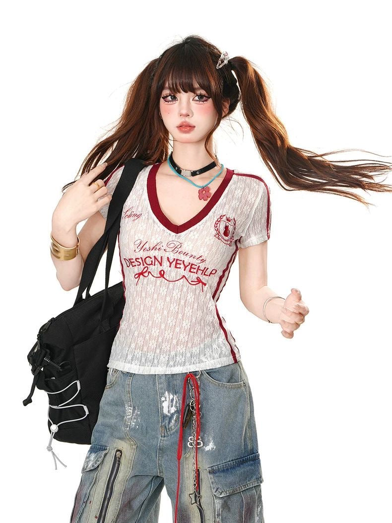 Red V Collar Laces Top