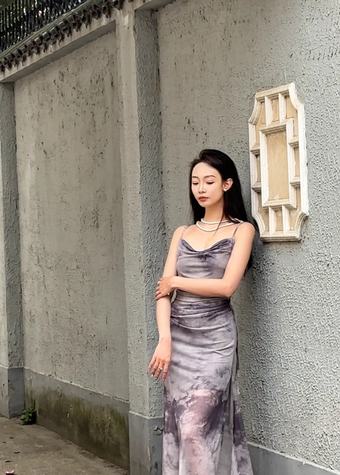 Mesh Side Tie Strap Long Dress (Pink, Blue, Grey)