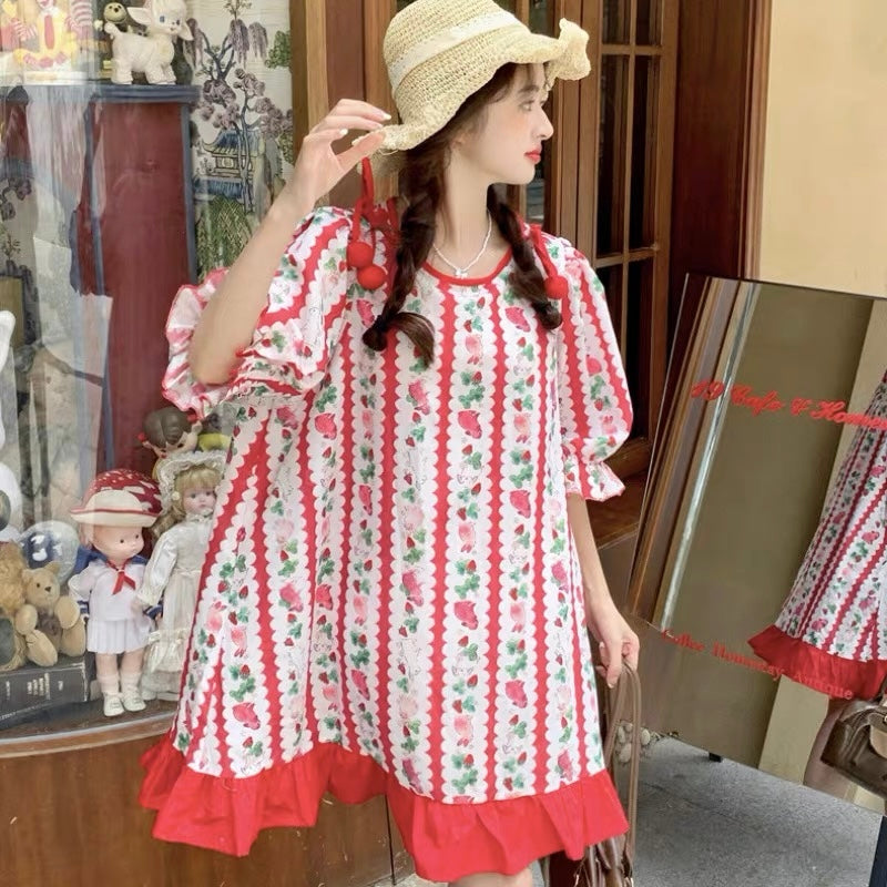 Dolly Pink Red Bunnies Stripe Puffy Dress