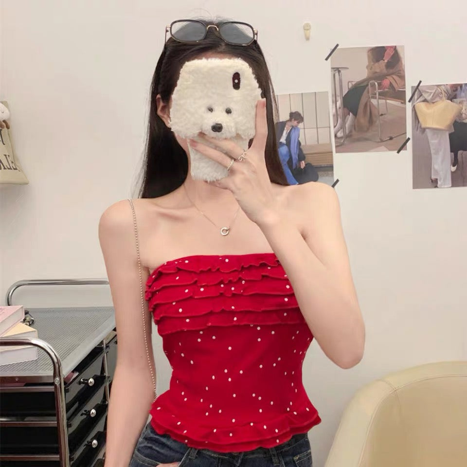 Red/White Dot White Tube Top T008