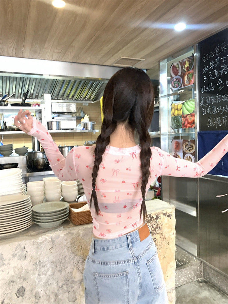 Pink Ribbons Thin Long Sleeve Mesh Crop Top Outerwear