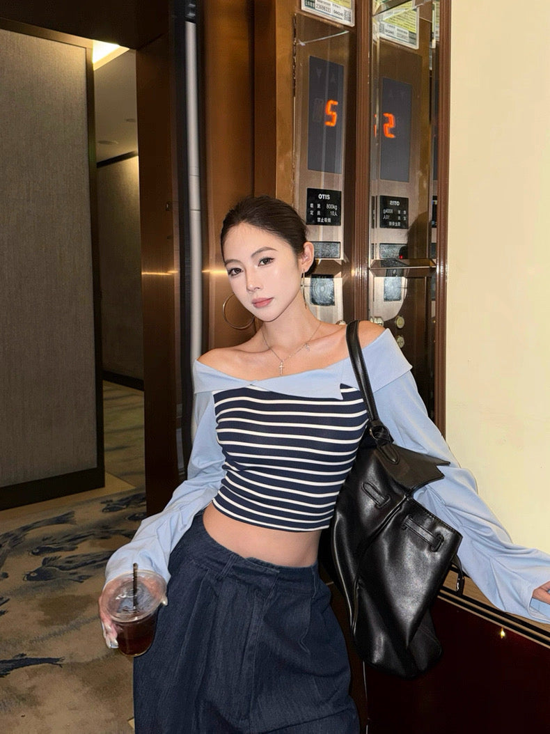 Stripe Long Sleeve Off Shoulder Top