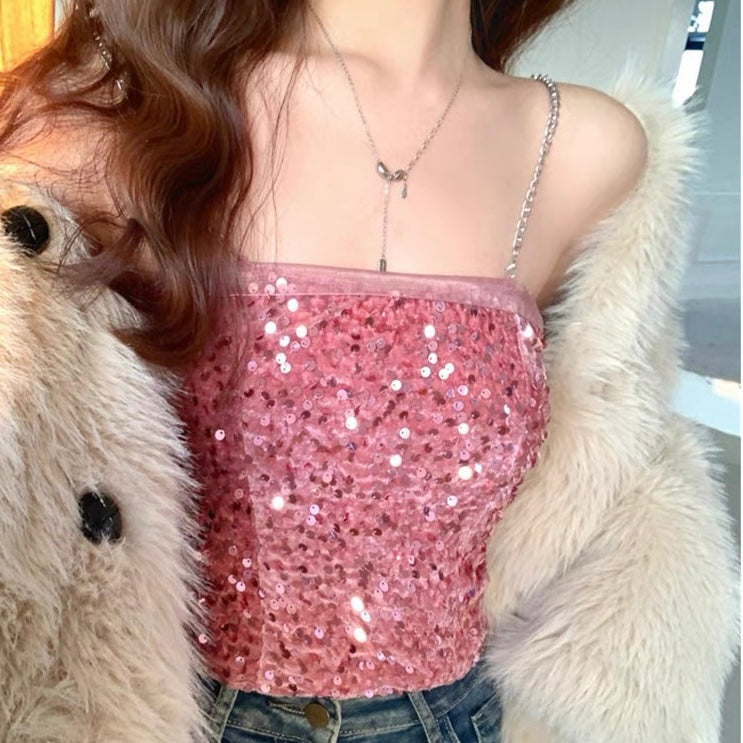 Shiny Strap Mesh Tube Top