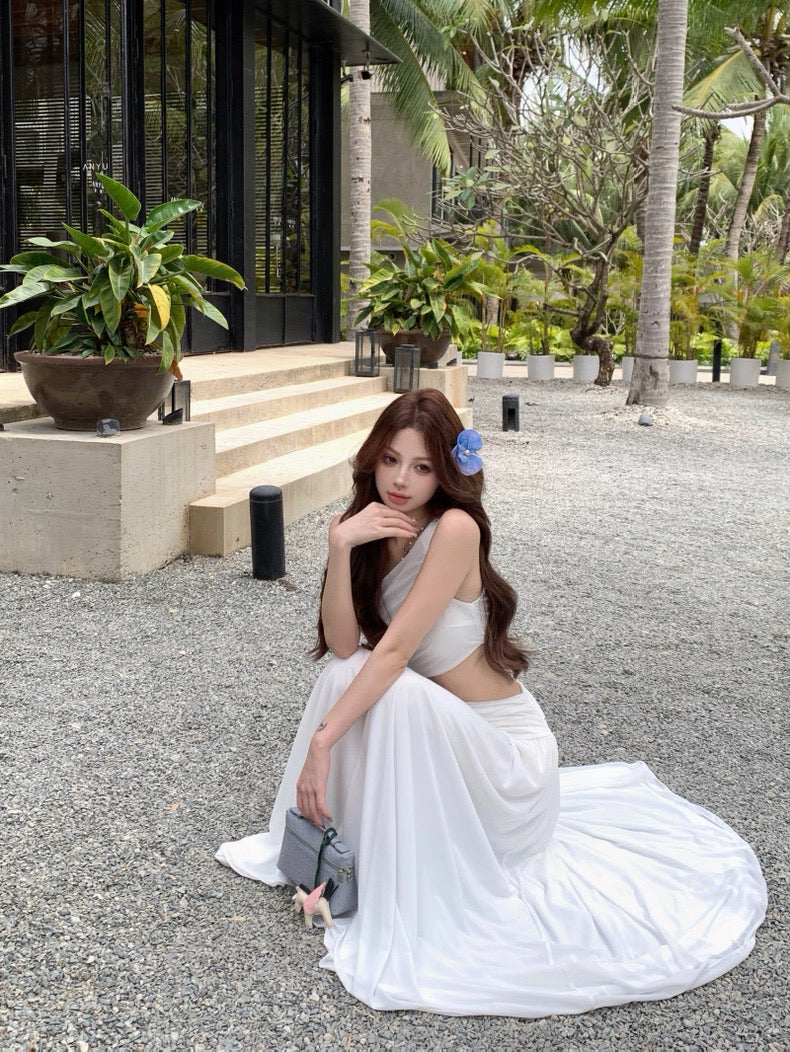 Side Waist Cut Long Dress (White, Red)