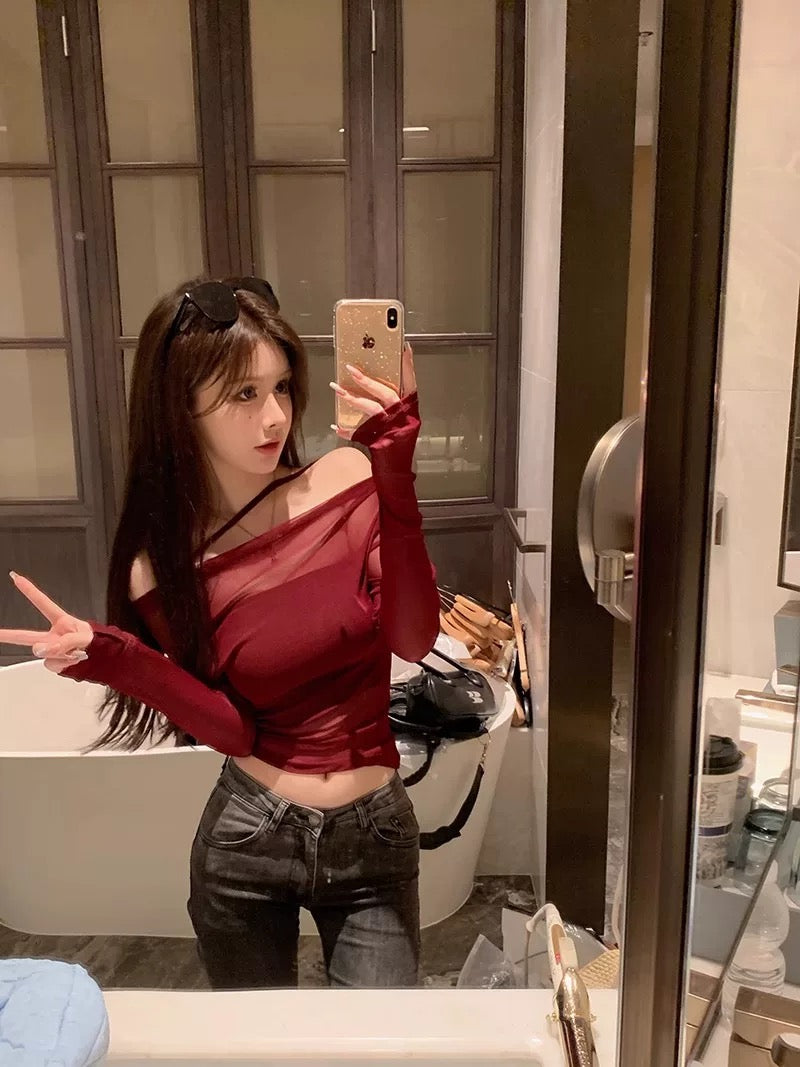 Mesh Off Side Shoulder Long Sleeve Top with tube