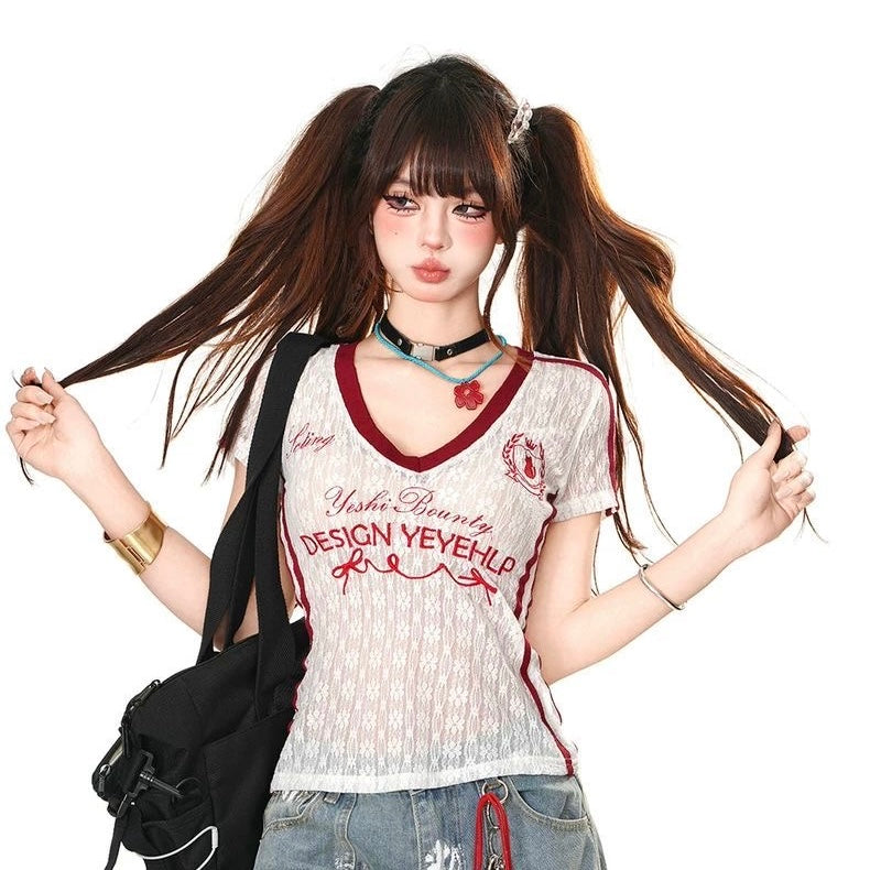 Red V Collar Laces Top