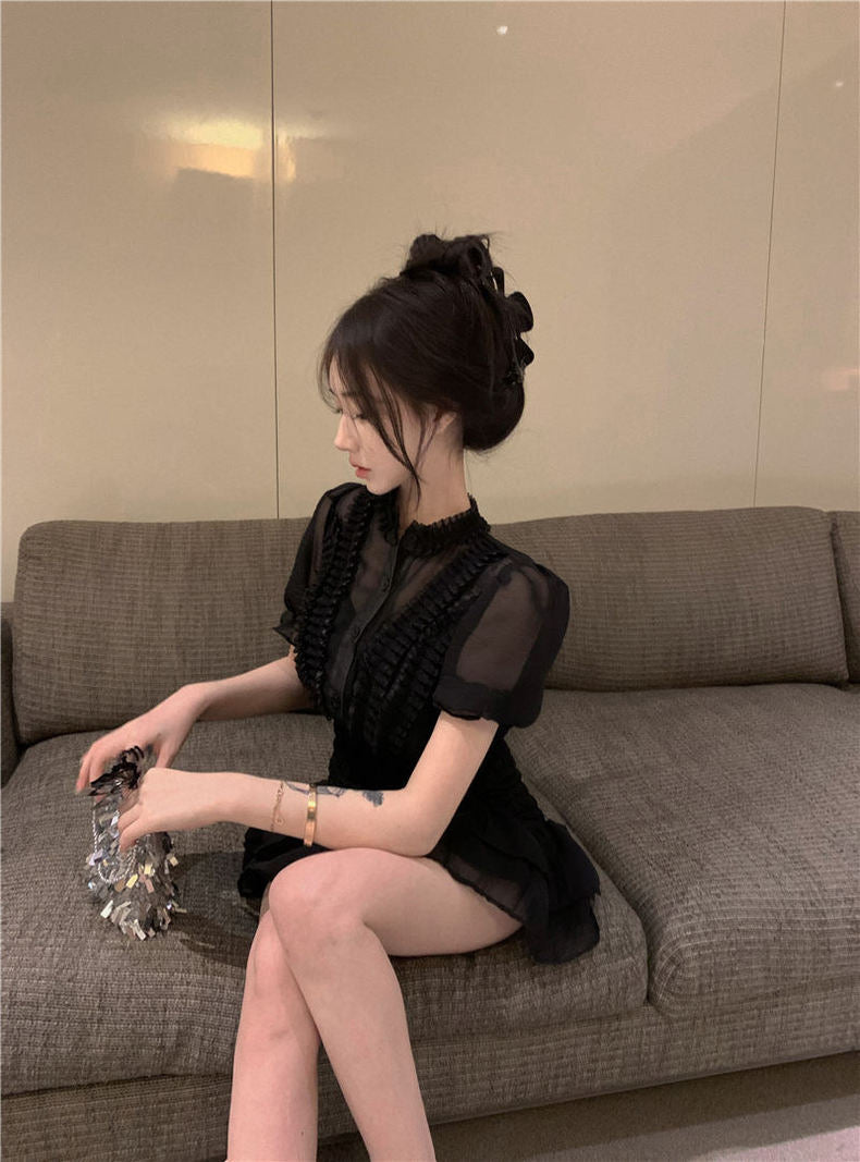 Mesh Puff Sleeve One Piece Dress