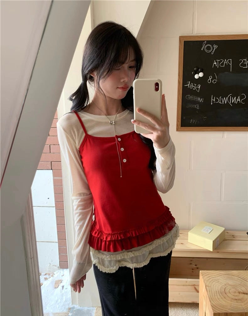 Red Top + Inner Long Sleeve Top