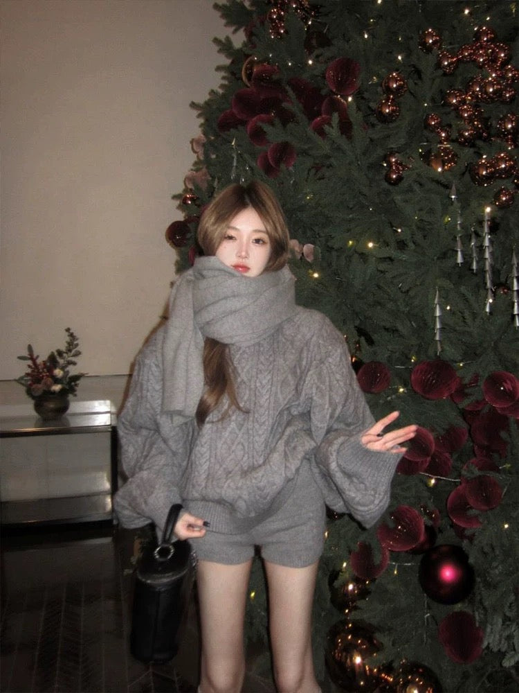 Grey Knitted Top + Shorts + Scarf Three Piece Set