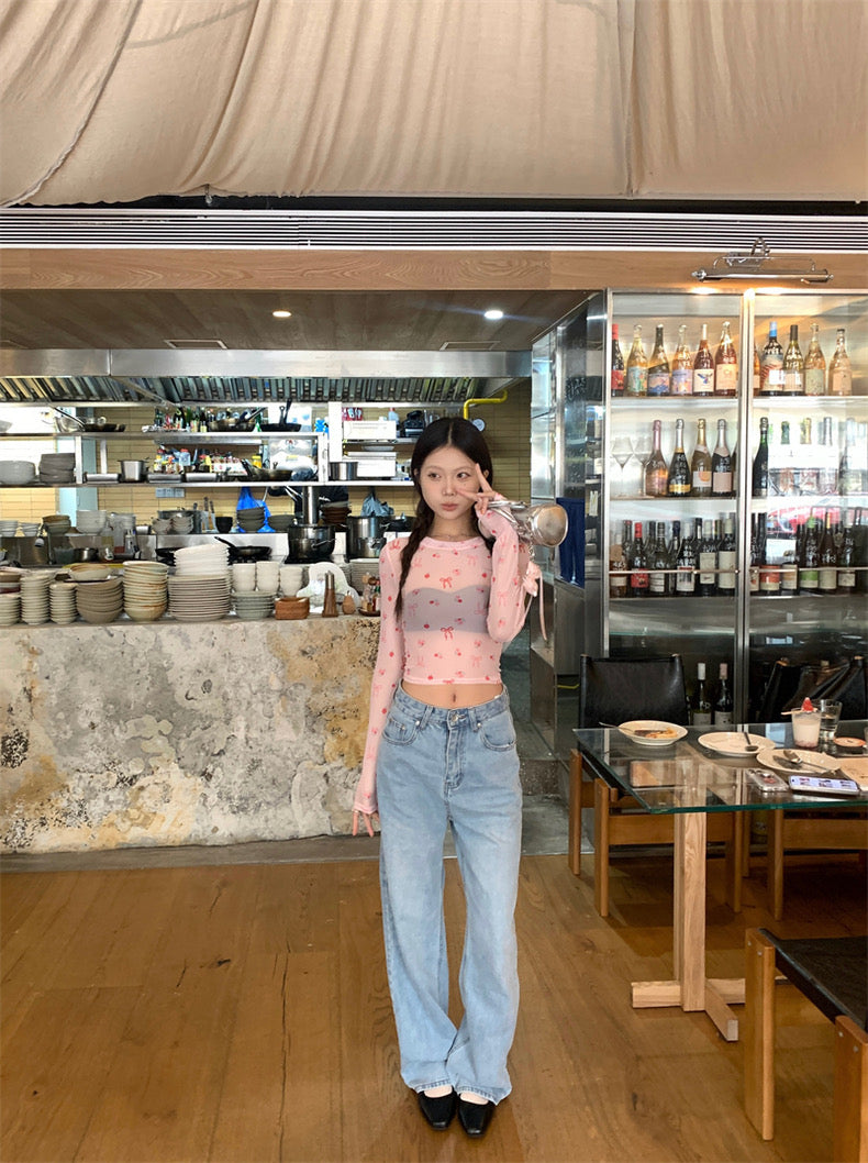 Pink Ribbons Thin Long Sleeve Mesh Crop Top Outerwear