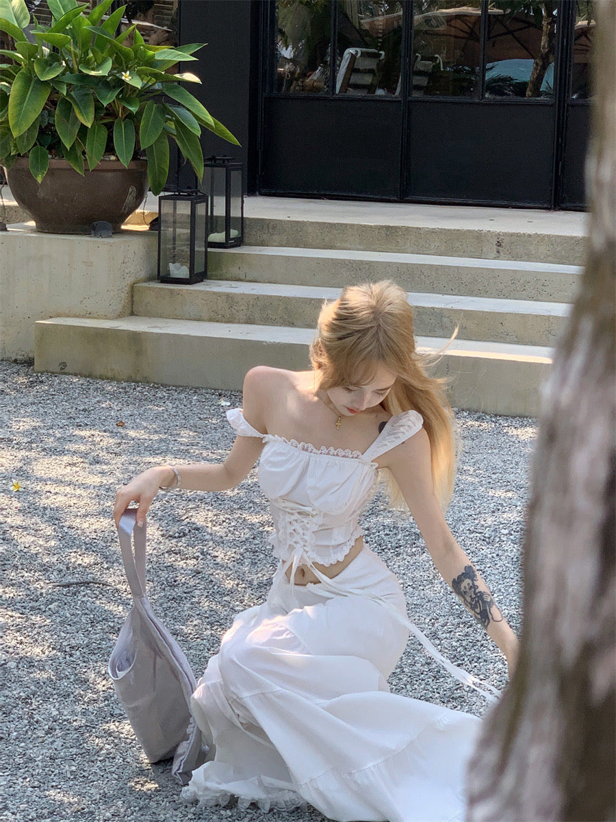 Cream White Lace Top + Long Skirt Two Pieces Set