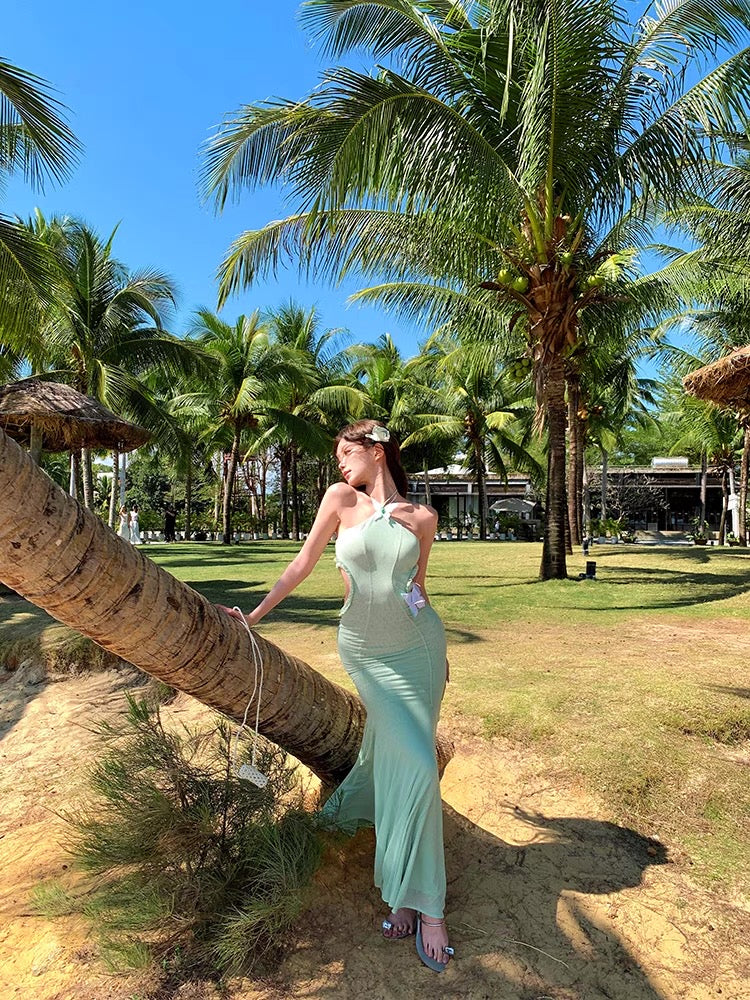 Butterfly Waist Cut Mint Green Long Dress (XS)