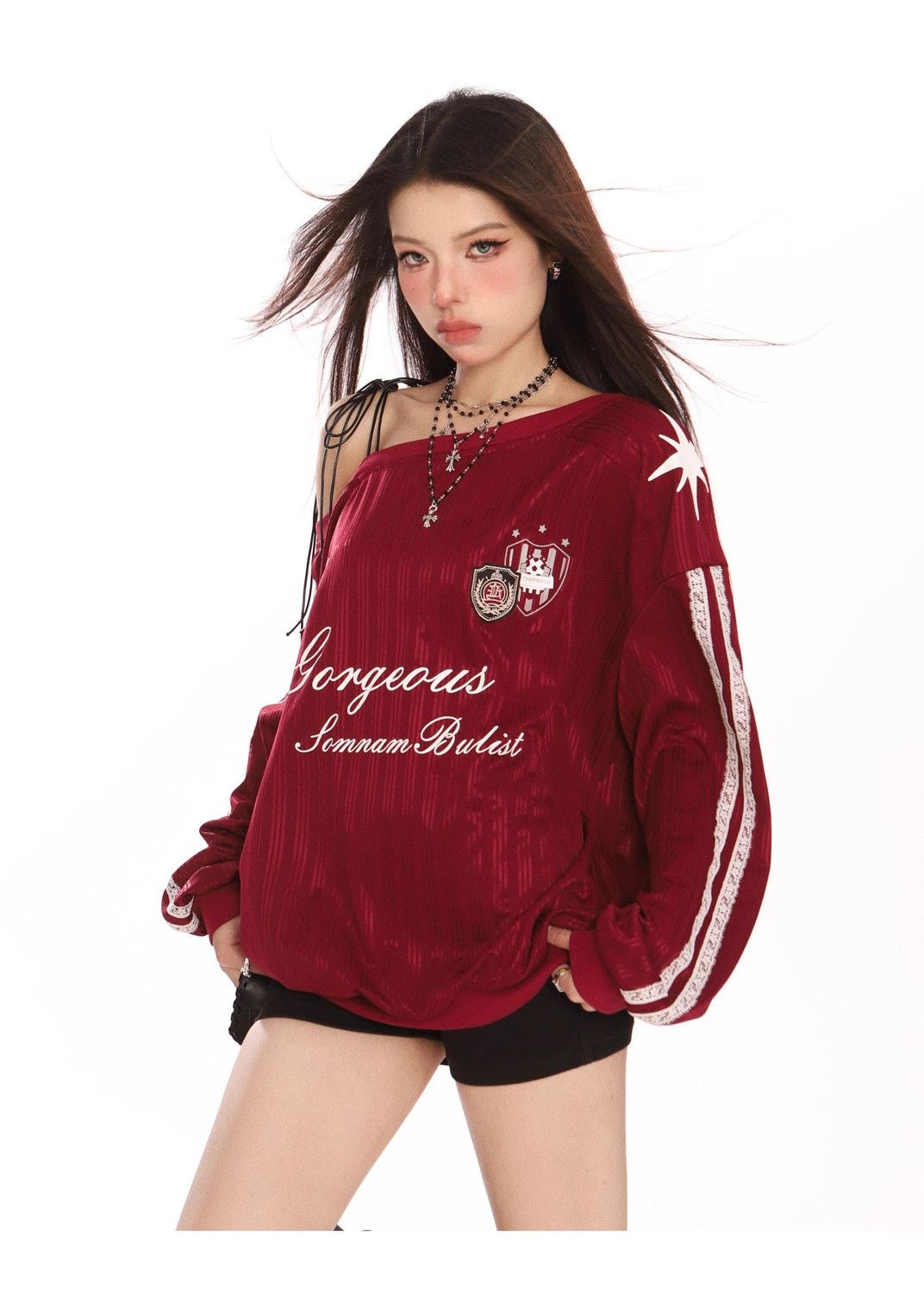 No23 Off Side Shoulder Long Sleeve Ball Tee Top