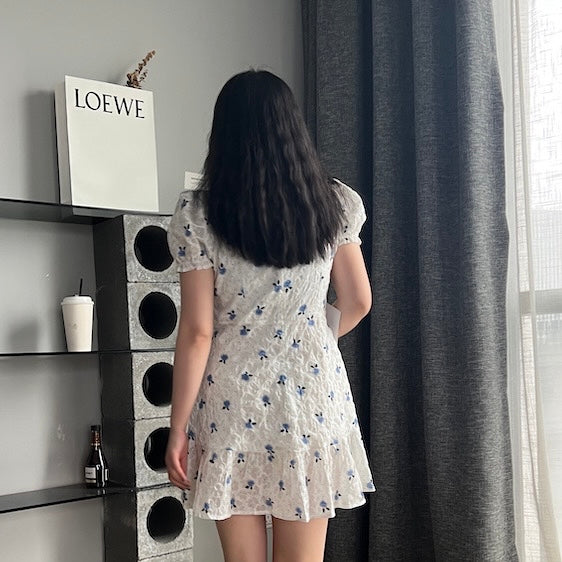 Blue Floral White Dress (S)