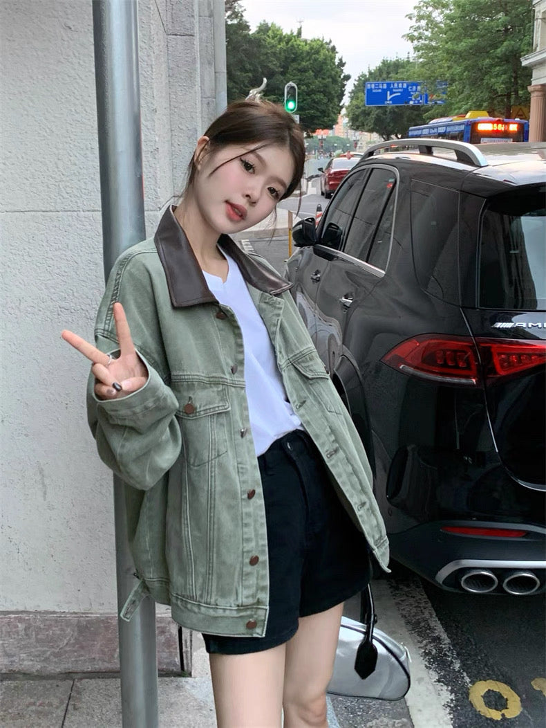 Army Green Denim PU Leather Collar Jacket